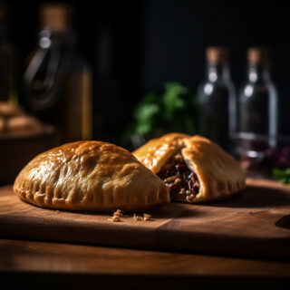 Meat pasty placed on a wooden board in a traditional kitchen. Pasty pastry created using butter products from Middledale for food manufacturing.